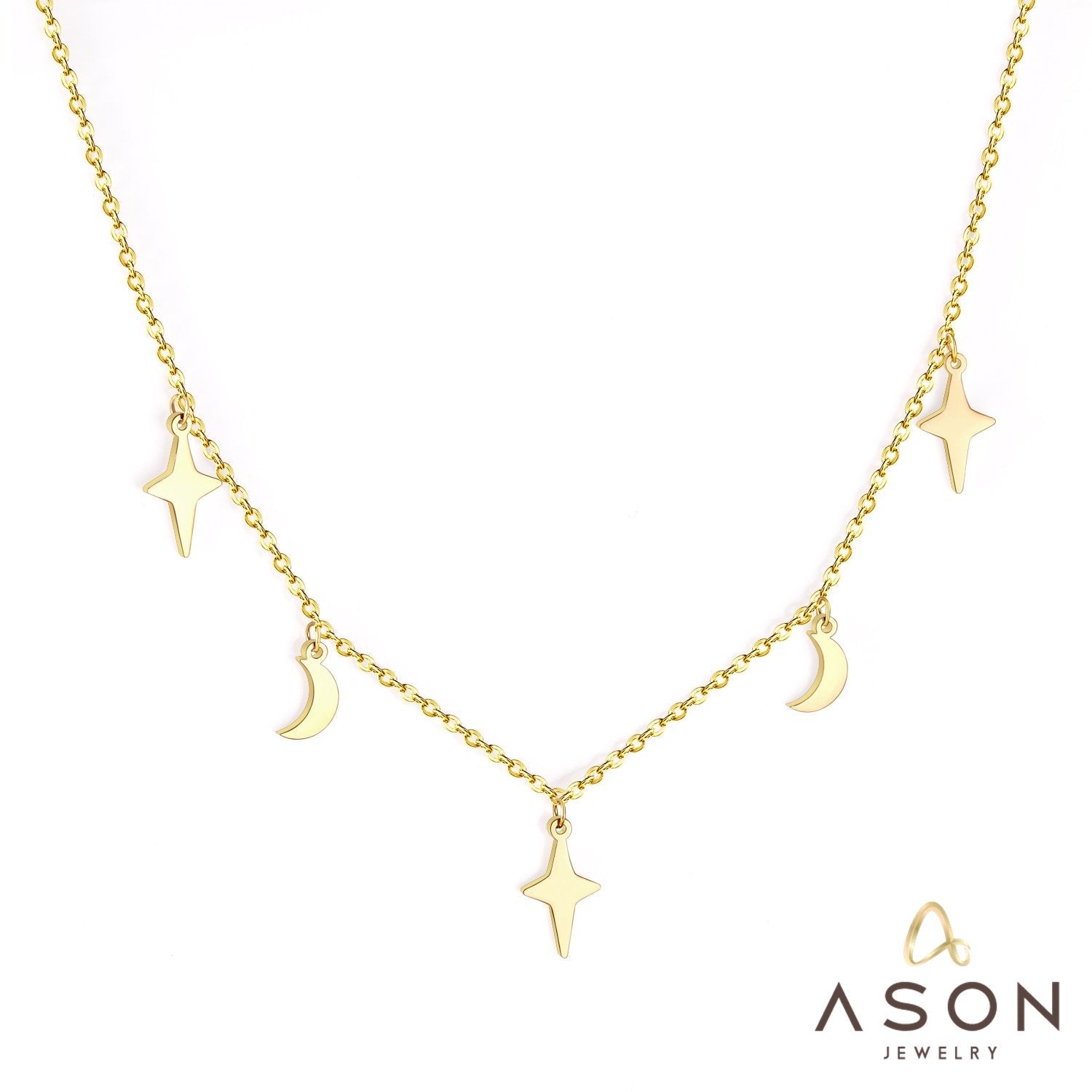 ASON Moon and Star Pendant Necklaces Gold Color Stainless Steel Chain for Women Girls Fashion Jewelry Accessories Gift asonjewelry